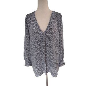 Joie Womens Blouse Top M 100% Silk Geometric Navy Blue Grey V-Neck Long Sleeve